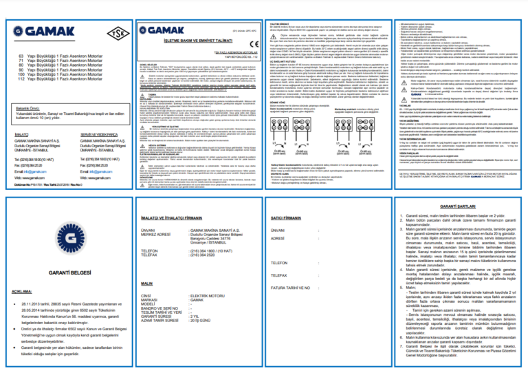 Merkez Motor | Gamak Motor-Single-Phase Operation, Maintenance and Safety Instructions / Warranty Certificate