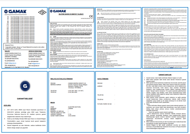 Merkez Motor | Gamak Motor-Three-Phase Operation, Maintenance and Safety Instructions / Warranty Certificate